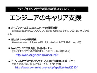 ウェブキャリア設立以降掲げ続けているテーマ


 エンジニアのキャリア支援                                             　　　　　


■オープンソース系のコミュニティへの積極協賛
　　※Ruby会議、PHPカンファレンス、YAPC、CakeMATSURI、OSC、LL、デブサミ
など

■自社セミナーの継続開催
　　※Ruby on Railsセミナー（20回以上）、ソーシャルアプリセミナー（7回）

■「Webエンジニア武勇伝」サイトオーナー
　　※トップエンジニアの生きざまをインタビュー（合計約50人）
　　　　   http://web-engineer.buyuden.net/

■ソーシャルアプリアプリコンテストの企画から運営（主催：オプト）
　　※法人応募不可、個人にフォーカスしたコンテスト
　　　　 http://www.contents-one.co.jp/applicontest2010/ 　　
 