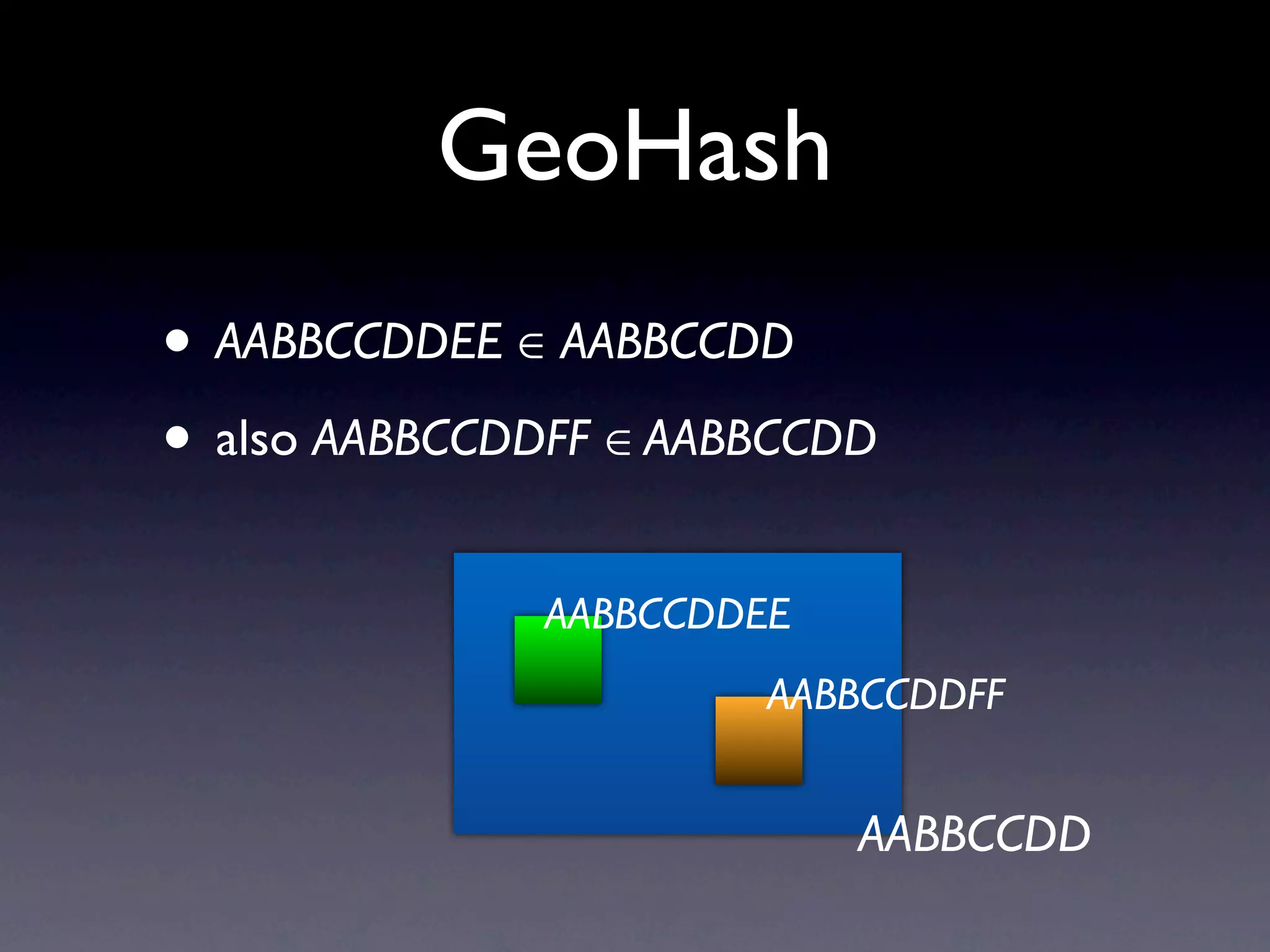 GeoHash
• AABBCCDDEE ∈ AABBCCDD
• also AABBCCDDFF ∈ AABBCCDD
               AABBCCDDEE
                        AABBCCDDFF


                            AABBCCDD
 