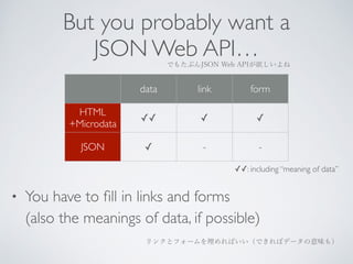 But you probably want a 
JSON Web API… 
でもたぶんJSON Web APIが欲しいよね 
data link form 
HTML 
+Microdata ✓✓ ✓ ✓ 
JSON ✓ - - 
✓✓: including “meaning of data” 
• You have to fill in links and forms 
(also the meanings of data, if possible) 
リンクとフォームを埋めればいい（できればデータの意味も） 
 