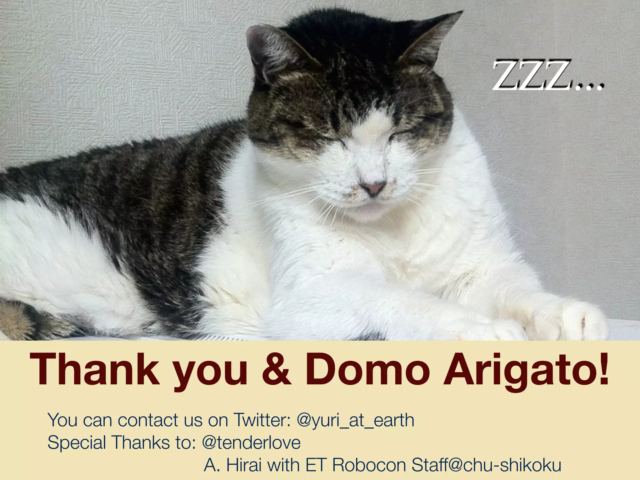 Thank you & Domo Arigato!
ZZZ...
You can contact us on Twitter: @yuri_at_earth
Special Thanks to: @tenderlove
A. Hirai with ET Robocon Staff@chu-shikoku
 