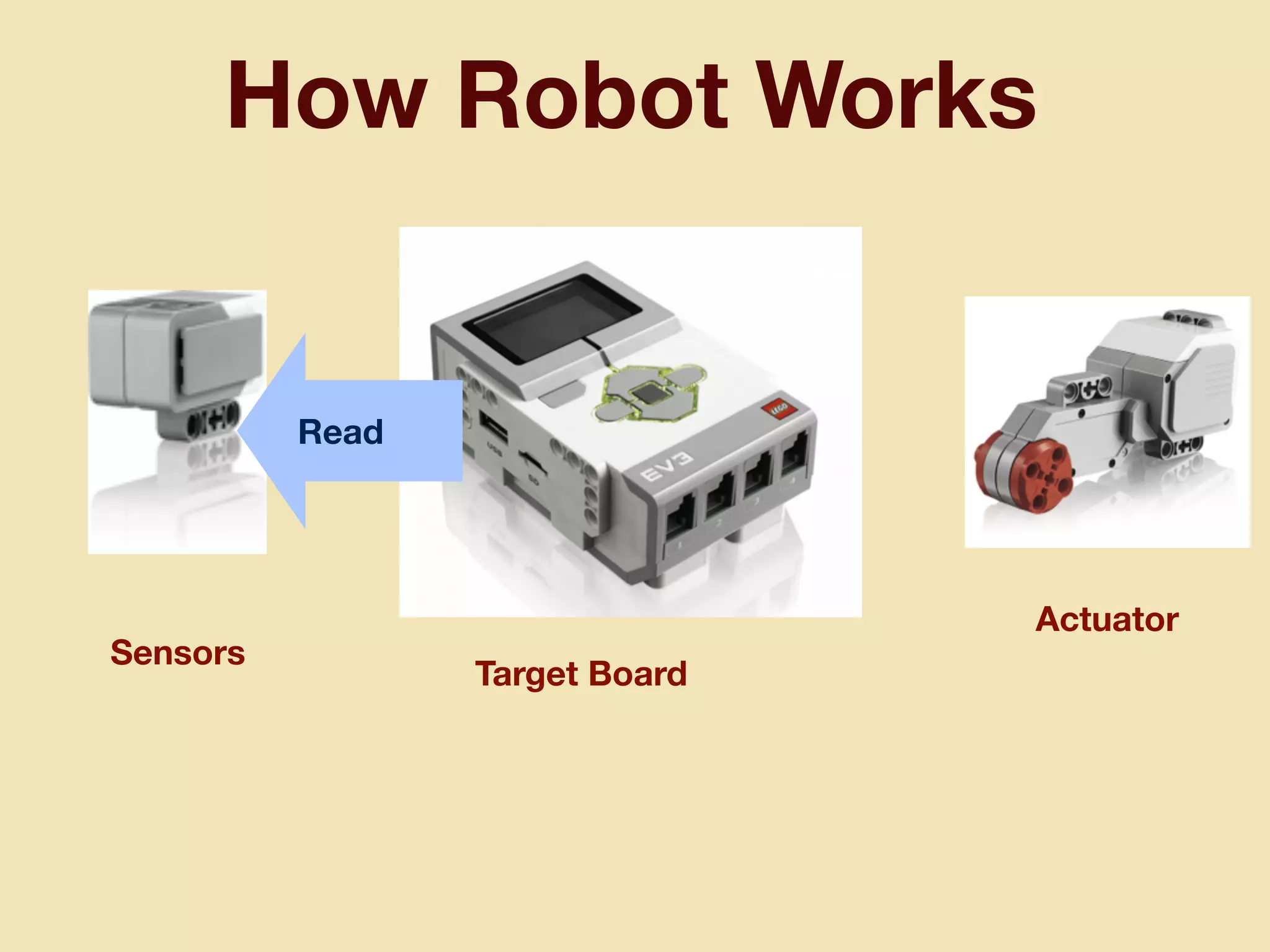 How Robot Works
Target Board
Sensors
Actuator
Read
 