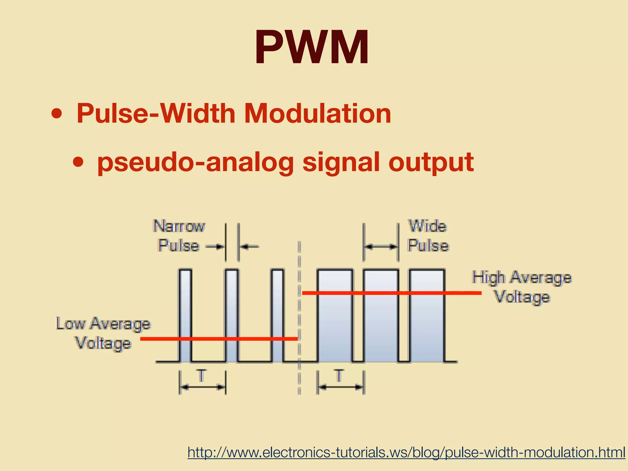 PWM
• Pulse-Width Modulation
• pseudo-analog signal output
http://www.electronics-tutorials.ws/blog/pulse-width-modulation.html
 