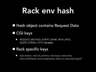 Rack env hash
•Hash object contains Request Data
•CGI keys
• REQUEST_METHOD, SCRIPT_NAME, PATH_INFO,
QUERY_STRING, HTTP_Variables
•Rack specific keys
• rack.version, rack.url_scheme, rack.input, rack.errors,
rack.multithread, rack.multiprocess, rack.run_once,rack.hijack?
 