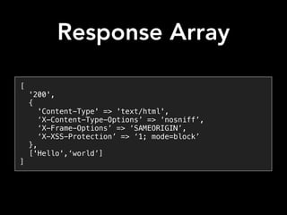 Response Array
[
'200',
{
'Content-Type' => 'text/html',
‘X-Content-Type-Options’ => ‘nosniff’,
‘X-Frame-Options’ => ‘SAMEORIGIN’,
‘X-XSS-Protection’ => ‘1; mode=block’
},
['Hello',‘world’]
]
 