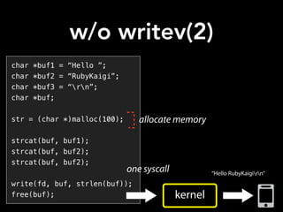 w/o writev(2)
char *buf1 = “Hello ”;
char *buf2 = “RubyKaigi”;
char *buf3 = “rn”;
char *buf;
str = (char *)malloc(100);
strcat(buf, buf1);
strcat(buf, buf2);
strcat(buf, buf2);
write(fd, buf, strlen(buf));
free(buf); kernel
“Hello RubyKaigirn”
one syscall
Amazon Mechanical Turk
On-Demand Workforce
Human Intelligence
Tasks (HIT)
Assignment/
Task
WorkersAmazon
Mechanical Turk
Non-Service Specific
allocate memory
 