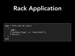 Rack env hash
•Hash object contains Request Data
•CGI keys
• REQUEST_METHOD, SCRIPT_NAME, PATH_INFO,
QUERY_STRING, HTTP_Va...