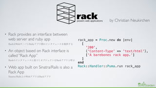 • Rack provides an interface between
web server and ruby app
• An object based on Rack interface is
called “Rack App”
• We...