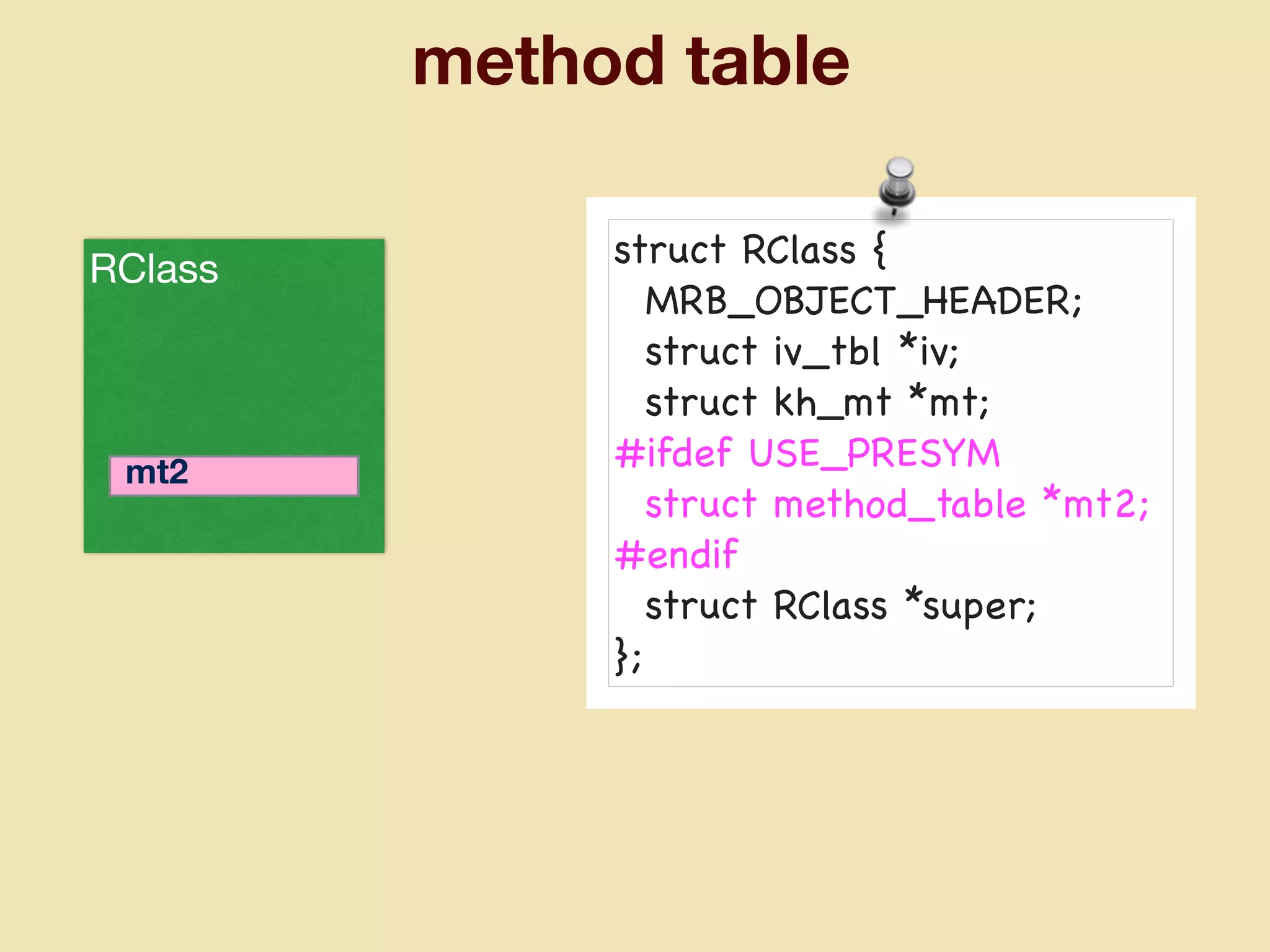 method table
RClass
mt2
struct RClass {

MRB_OBJECT_HEADER;

struct iv_tbl *iv;

struct kh_mt *mt;

#ifdef USE_PRESYM

struct method_table *mt2;

#endif

struct RClass *super;

};
 