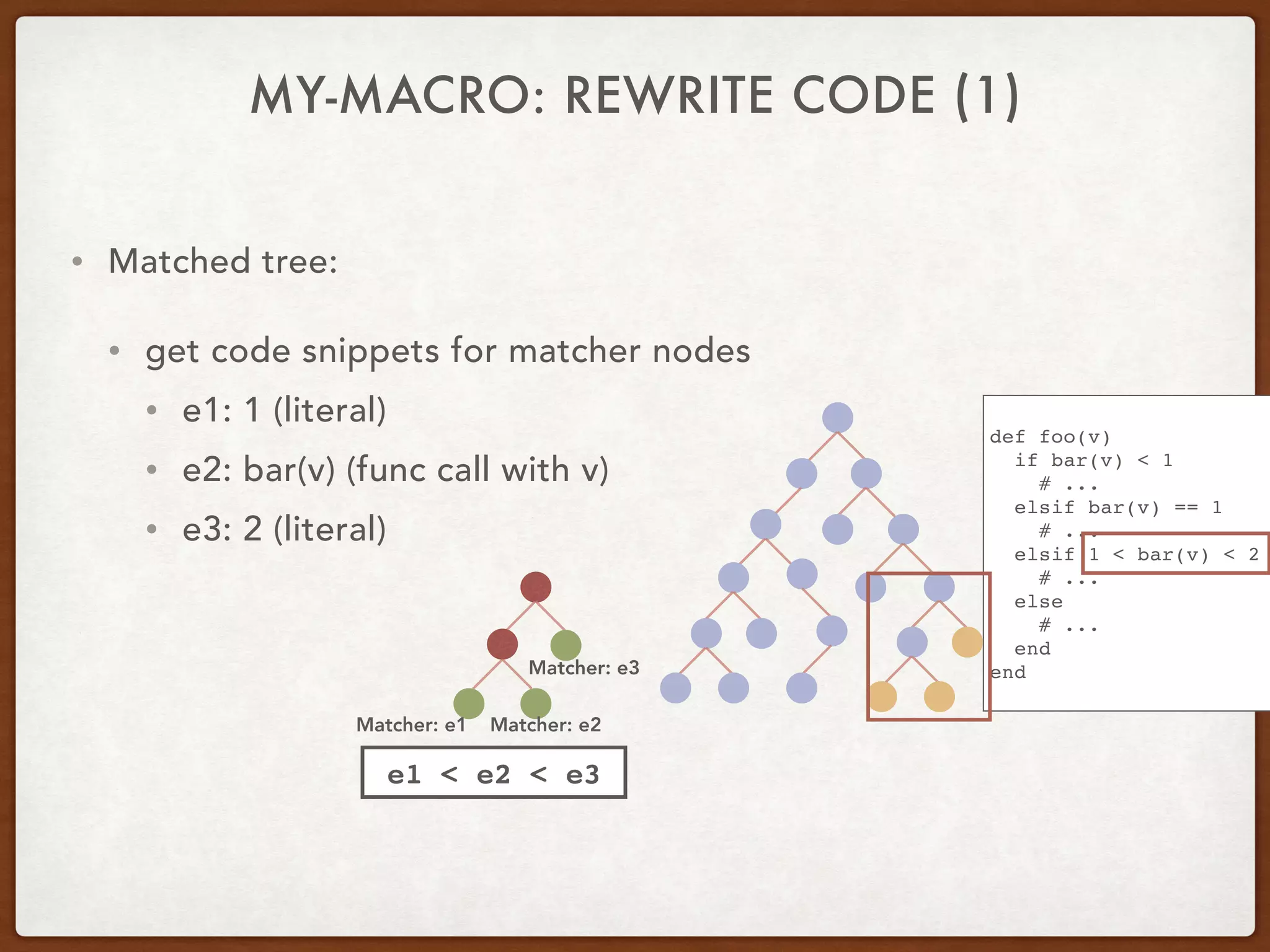 def foo(v)
if bar(v) < 1
# ...
elsif bar(v) == 1
# ...
elsif 1 < bar(v) < 2
# ...
else
# ...
end
end
• Matched tree:
• get code snippets for matcher nodes
• e1: 1 (literal)
• e2: bar(v) (func call with v)
• e3: 2 (literal)
e1 < e2 < e3
Matcher: e1 Matcher: e2
Matcher: e3
MY-MACRO: REWRITE CODE (1)
 
