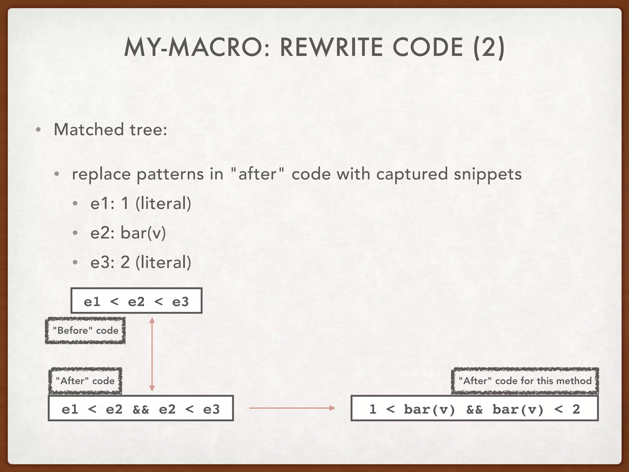 • Matched tree:
• replace patterns in "after" code with captured snippets
• e1: 1 (literal)
• e2: bar(v)
• e3: 2 (literal)
e1 < e2 && e2 < e3
"After" code
1 < bar(v) && bar(v) < 2
"After" code for this method
"Before" code
e1 < e2 < e3
MY-MACRO: REWRITE CODE (2)
 