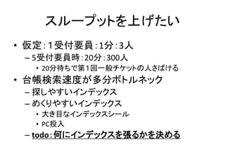 スループットを上げたい
• 仮定：１受付要員：1分：3人
 – 5受付要員時：20分：300人
  • 20分待ちで第１回一般チケットの人さばける
• 台帳検索速度が多分ボトルネック
 – 探しやすいインデックス
 – めくりやすいインデックス
  • 大き目なインデックスシール
  • PC投入
 – todo：何にインデックスを張るかを決める
 