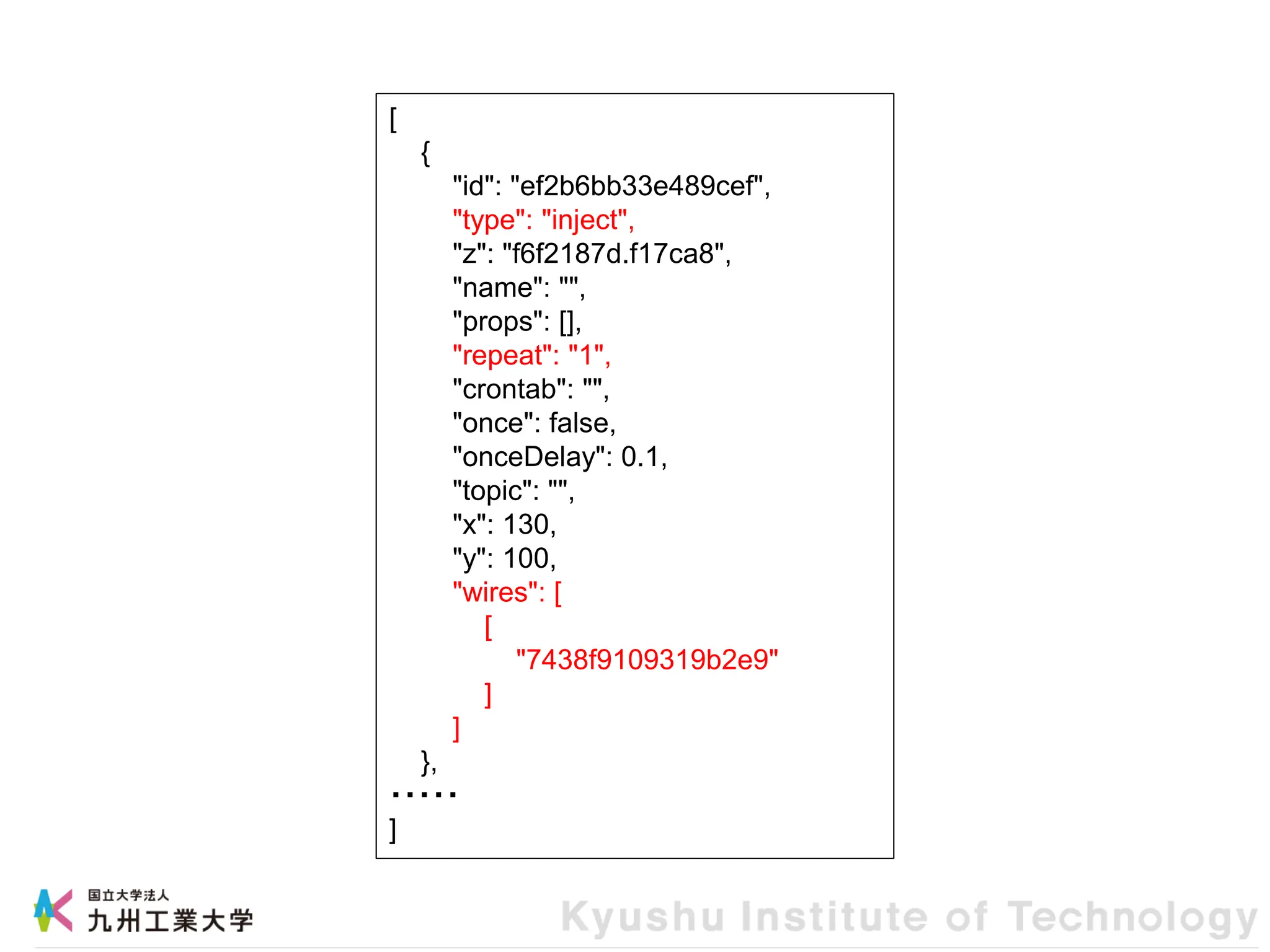 [
{
"id": "ef2b6bb33e489cef",
"type": "inject",
"z": "f6f2187d.f17ca8",
"name": "",
"props": [],
"repeat": "1",
"crontab": "",
"once": false,
"onceDelay": 0.1,
"topic": "",
"x": 130,
"y": 100,
"wires": [
[
"7438f9109319b2e9"
]
]
},
・・・・・
]
 