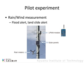 Pilot experiment
• Rain/Wind measurement
– Flood alert, land slide alert
 