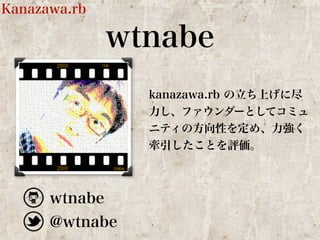 wtnabe 
kanazawa.rb の立ち上げに尽 
力し、ファウンダーとしてコミュ 
ニティの方向性を定め、力強く 
牽引したことを評価。 
Kanazawa.rb 
wtnabe 
@wtnabe 
 