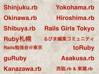 Shinjuku.rb Yokohama.rb 
Okinawa.rb Hiroshima.rb 
Shibuya.rb Rails Girls Tokyo 
Ruby札幌 
るびま編集コミュニティ 
toRuby 
Rails勉強会@東京 
guRuby Asakusa.rb 
Kanazawa.rb 
西脇.rb & 東灘.rb 
 