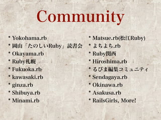 Community 
* Yokohama.rb 
* 岡山「たのしいRuby」読書会 
* Okayama.rb 
* Ruby札幌 
* Fukuoka.rb 
* kawasaki.rb 
* ginza.rb 
* Shibuya.rb 
* Minami.rb 
* Matsue.rb(松江Ruby) 
* よちよち.rb 
* Ruby関西 
* Hiroshima.rb 
* るびま編集コミュニティ 
* Sendagaya.rb 
* Okinawa.rb 
* Asakusa.rb 
* RailsGirls, More! 
 