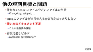 他の短期目標と問題
使われていないファイルや古いファイルの削除
ChangeLog, setup.rb, …
tools のファイルがまだ使えるかどうかはっきりしない
使い方のドキュメント不足
これが最重要の課題
再現可能なビルド
container? devcontainer?
25/29
 