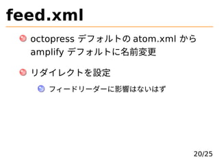 feed.xml
octopress デフォルトの atom.xml から
amplify デフォルトに名前変更
リダイレクトを設定
フィードリーダーに影響はないはず
20/25
 