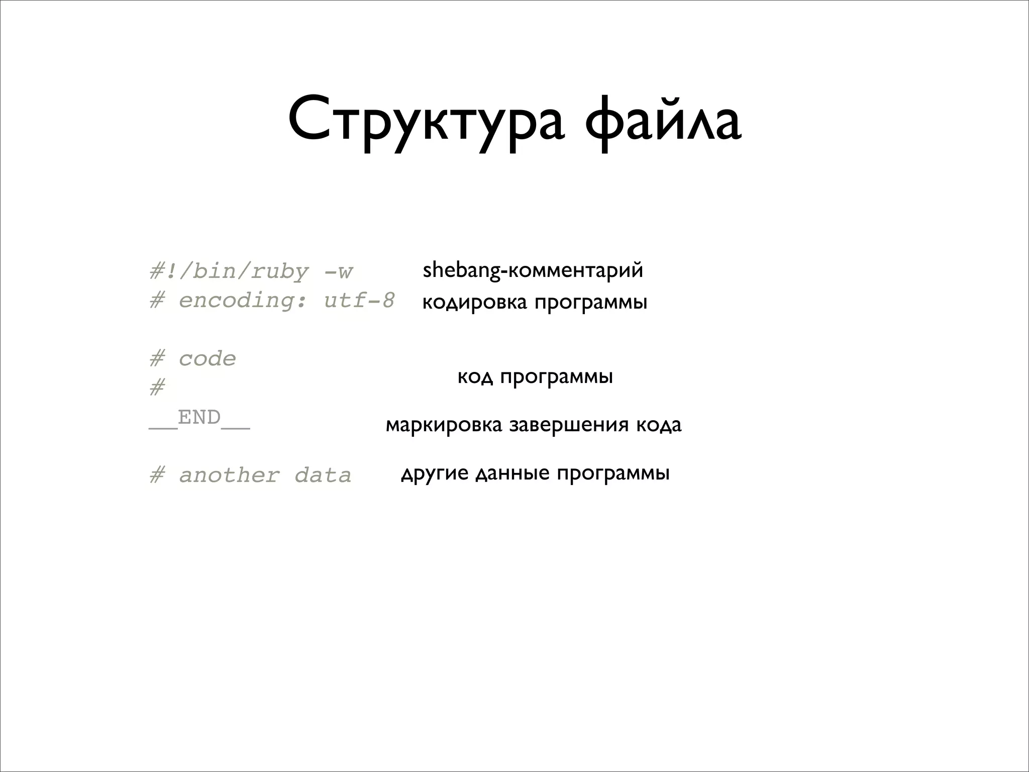 Структура файла

#!/bin/ruby -w       shebang-комментарий
# encoding: utf-8    кодировка программы

# code
#                       код программы
__END__          маркировка завершения кода

# another data      другие данные программы
 