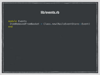 module Events
ItemRemovedFromBasket = Class.new(RailsEventStore::Event)
end
lib/events.rb
 