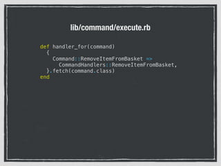 lib/command/execute.rb
def handler_for(command)
{
Command::RemoveItemFromBasket =>
CommandHandlers::RemoveItemFromBasket,
}.fetch(command.class)
end
 