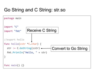 Go String and C String: str.so
package main
import "C"
import "fmt"
//export hello
func hello(cstr *C.char) {
str := C.GoString(cstr)
fmt.Println("Hello, " + str)
}
func main() {}
Receive C String
Convert to Go String
 