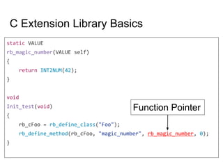 C Extension Library Basics
static VALUE
rb_magic_number(VALUE self)
{
return INT2NUM(42);
}
void
Init_test(void)
{
rb_cFoo = rb_define_class("Foo");
rb_define_method(rb_cFoo, "magic_number", rb_magic_number, 0);
}
Function Pointer
 