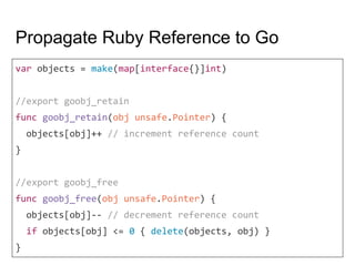 Propagate Ruby Reference to Go
var objects = make(map[interface{}]int)
//export goobj_retain
func goobj_retain(obj unsafe.Pointer) {
objects[obj]++ // increment reference count
}
//export goobj_free
func goobj_free(obj unsafe.Pointer) {
objects[obj]-- // decrement reference count
if objects[obj] <= 0 { delete(objects, obj) }
}
 