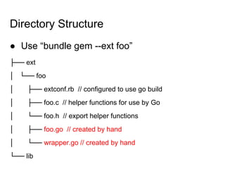 Directory Structure
● Use “bundle gem --ext foo”
├── ext
│ └── foo
│ ├── extconf.rb // configured to use go build
│ ├── foo.c // helper functions for use by Go
│ └── foo.h // export helper functions
│ ├── foo.go // created by hand
│ └── wrapper.go // created by hand
└── lib
 
