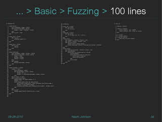 ... > Basic > Fuzzing > 100 lines
# library.rb                                                                56 # FUZZing                                                         # test.rb
                                                                            57 
  1 class Field                                                             58 class Int < Field                                                   1 require 'library'
  2     attr_accessor :name, :value                                         59     def get_fvals                                                   2 
  3     def initialize(name, value)                                         60         (0..3).to_a                                                 3 class A < Library
  4         @name = name ; @value = value                                   61     end                                                             4     field :field_1, Int, 0xffff
  5     end                                                                 62 end                                                                 5     field :field_2, Str, "this is field2"
  6     def to_out ; end                                                    63 class Str < Field                                                   6 end
  7 end                                                                     64     def get_fvals                                                   7 
  8                                                                         65         (1..4).map {|i| "A" * (2**i) }                              8 a = A.new
                                                                            66     end                                                             9 f = Fuzzer.new(a)
  9 class Int < Field
                                                                            67 end                                                                10 f.fuzz do |new_a|
 10     def to_out
                                                                            68 class Field                                                        11     puts new_a.to_out.inspect
 11         [@value].pack("n")
                                                                            69     def snapshot ; @cache = @value ; end                           12 end
 12     end
 13 end                                                                     70     def reset ; @value = @cache ; end
                                                                            71     def get_all_fields
 14 
                                                                            72         return [self] unless @order
 15 class Str < Field
                                                                            73         @order.each.map {|field| field.get_all_fields }.flatten
 16     def to_out                                                          74     end
 17         @value                                                          75 end
 18     end                                                                 76 class Fuzzer
 19 end                                                                     77     def initialize(field) ; @field = field ; end
 20                                                                         78     def fuzz(&block)
 21 class PreField                                                          79         @field.get_all_fields.each do |child|
 22     attr_accessor :name, :klass, :value                                 80             child.snapshot
 23     def initialize(name, klass, value)                                  81             child.get_fvals.each do |new_val|
 24         @name = name                                                    82                 child.value = new_val
 25         @klass = klass                                                  83                 block.call(@field)
 26         @value = value                                                  84             end
 27     end                                                                 85             child.reset
 28     def create                                                          86         end
 29         @klass.new(name, value)                                         87     end
 30     end                                                                 88 end
 31 end
 32 
 33 class Library < Field
 34     class << self
 35         attr_accessor :order
 36         def field(name, klass, value)
 37             @order ||= []
 38             @order << PreField.new(name, klass, value)
 39         end
 40     end # class << self
 41     def initialize(*args)
 42         super(*args) if args.length == 2
 43         @order = []
 44         self.class.order.each do |pre_field|
 45             self.class.class_eval { attr_accessor pre_field.name }
 46             @order << pre_field.create
 47             instance_variable_set("@#{pre_field.name}", @order.last)
 48         end
 49     end
 50     def to_out
 51         @order.map{|field| field.to_out }.join
 52     end
 53 end
 54 
 55 




  08-28-2010                                                                                Nephi Johnson                                                                                        34
 