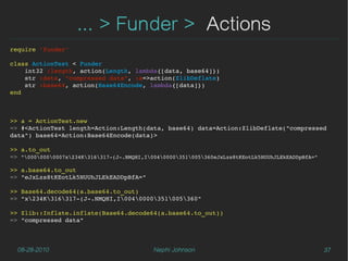 ... > Funder > Actions
require 'funder'

class ActionTest < Funder
    int32 :length, action(Length, lambda{[data, base64]})
    str :data, "compressed data", :a=>action(ZlibDeflate)
    str :base64, action(Base64Encode, lambda{[data]})
end



>> a = ActionTest.new
=> #<ActionTest length=Action:Length(data, base64) data=Action:ZlibDeflate("compressed 
data") base64=Action:Base64Encode(data)>

>> a.to_out
=> "0000000007x234K316317­(J­.NMQHI,I0040000351005360eJxLzs8tKEotLk5NUUhJLEkEADDpBfA="

>> a.base64.to_out
=> "eJxLzs8tKEotLk5NUUhJLEkEADDpBfA="

>> Base64.decode64(a.base64.to_out)
=> "x234K316317­(J­.NMQHI,I0040000351005360"

>> Zlib::Inflate.inflate(Base64.decode64(a.base64.to_out))
=> "compressed data"



  08-28-2010                                 Nephi Johnson                                          37
 