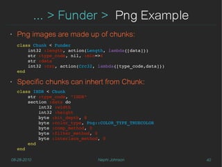 ... > Funder > Png Example
‣   Png images are made up of chunks:
    class Chunk < Funder
        int32 :length, action(Length, lambda{[data]})
        str :type_code, nil, :min=>4
        str :data
        int32 :crc, action(Crc32, lambda{[type_code,data]})
    end

‣   Specific chunks can inhert from Chunk:
    class IHDR < Chunk
        str :type_code, "IHDR"
        section :data do
            int32 :width
            int32 :height 
            byte :bit_depth, 8
            byte :color_type, Png::COLOR_TYPE_TRUECOLOR
            byte :comp_method, 0
            byte :filter_method, 0
            byte :interlace_method, 0
        end 
    end

08-28-2010                        Nephi Johnson               40
 
