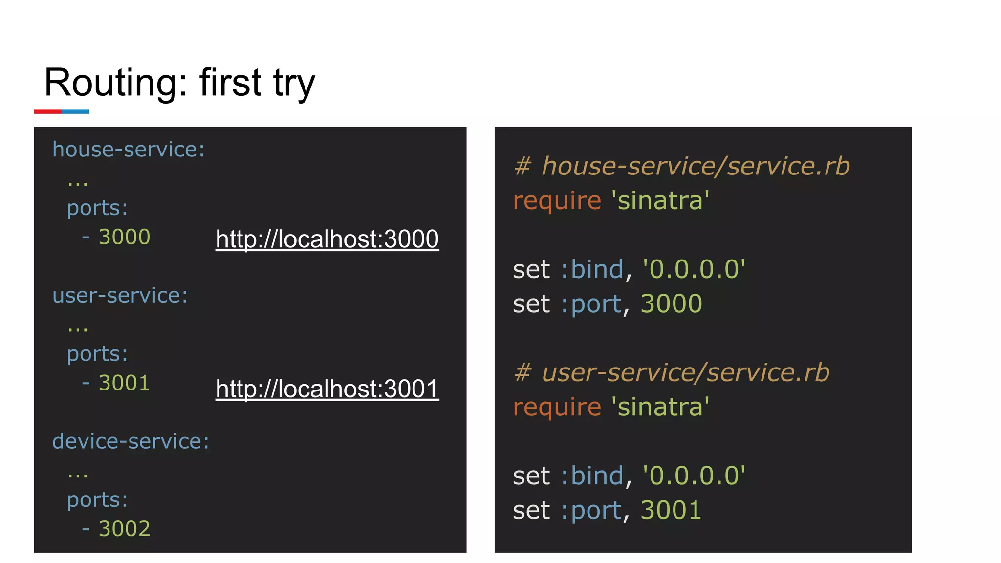 Routing: first try
house-service:
...
ports:
- 3000
user-service:
...
ports:
- 3001
device-service:
...
ports:
- 3002
# house-service/service.rb
require 'sinatra'
set :bind, '0.0.0.0'
set :port, 3000
# user-service/service.rb
require 'sinatra'
set :bind, '0.0.0.0'
set :port, 3001
http://localhost:3000
http://localhost:3001
 