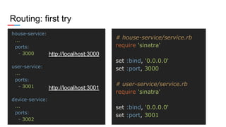 Routing: first try
house-service:
...
ports:
- 3000
user-service:
...
ports:
- 3001
device-service:
...
ports:
- 3002
# ho...