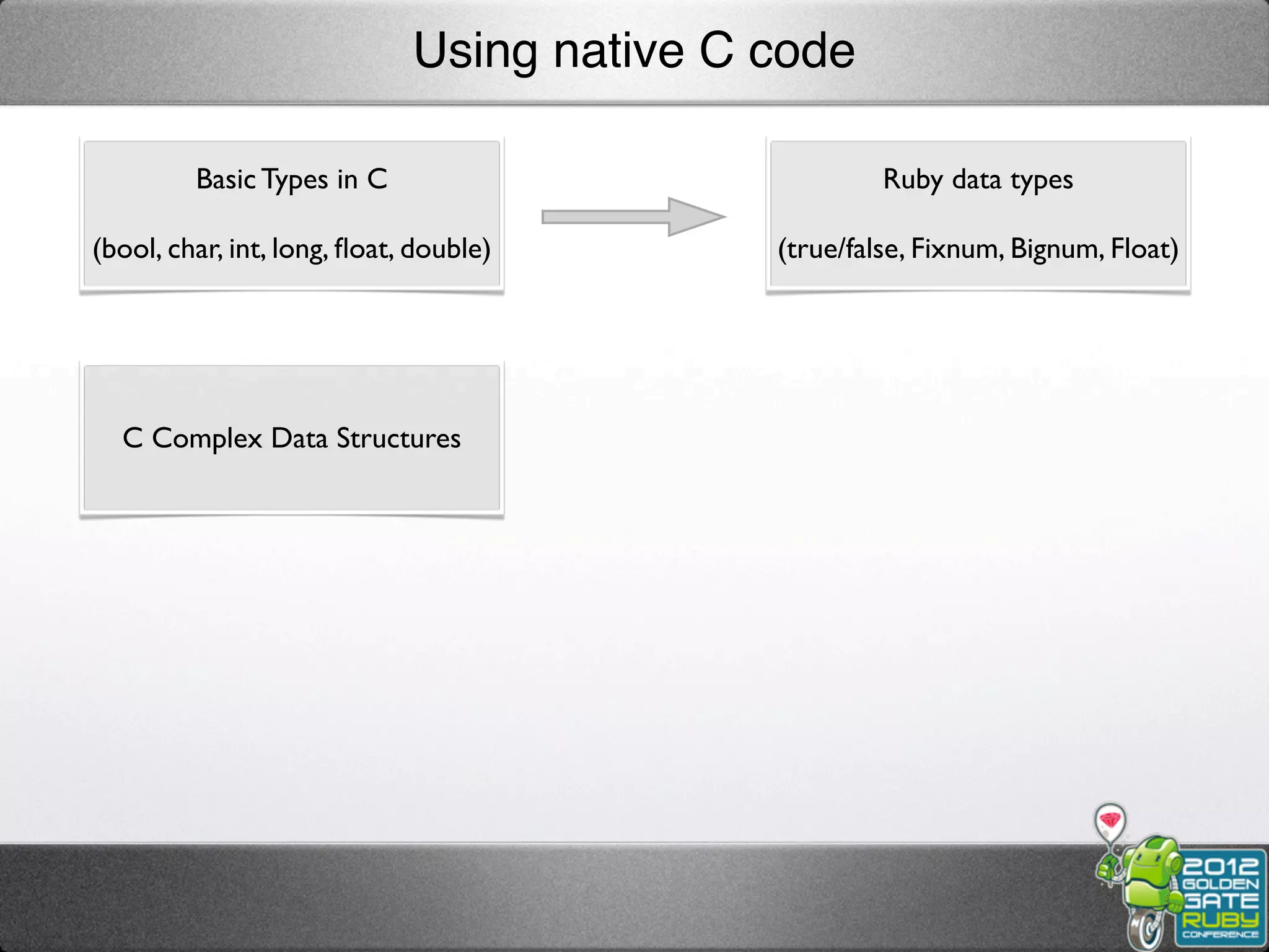 Using native C code

         Basic Types in C                            Ruby data types

(bool, char, int, long, ﬂoat, double)       (true/false, Fixnum, Bignum, Float)




  C Complex Data Structures
 