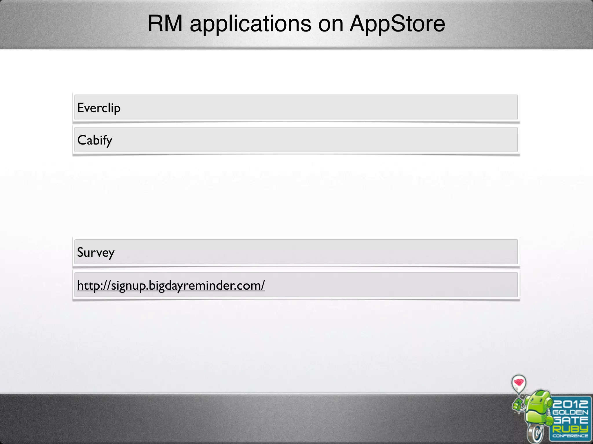 RM applications on AppStore


Everclip

Cabify




Survey

http://signup.bigdayreminder.com/
 