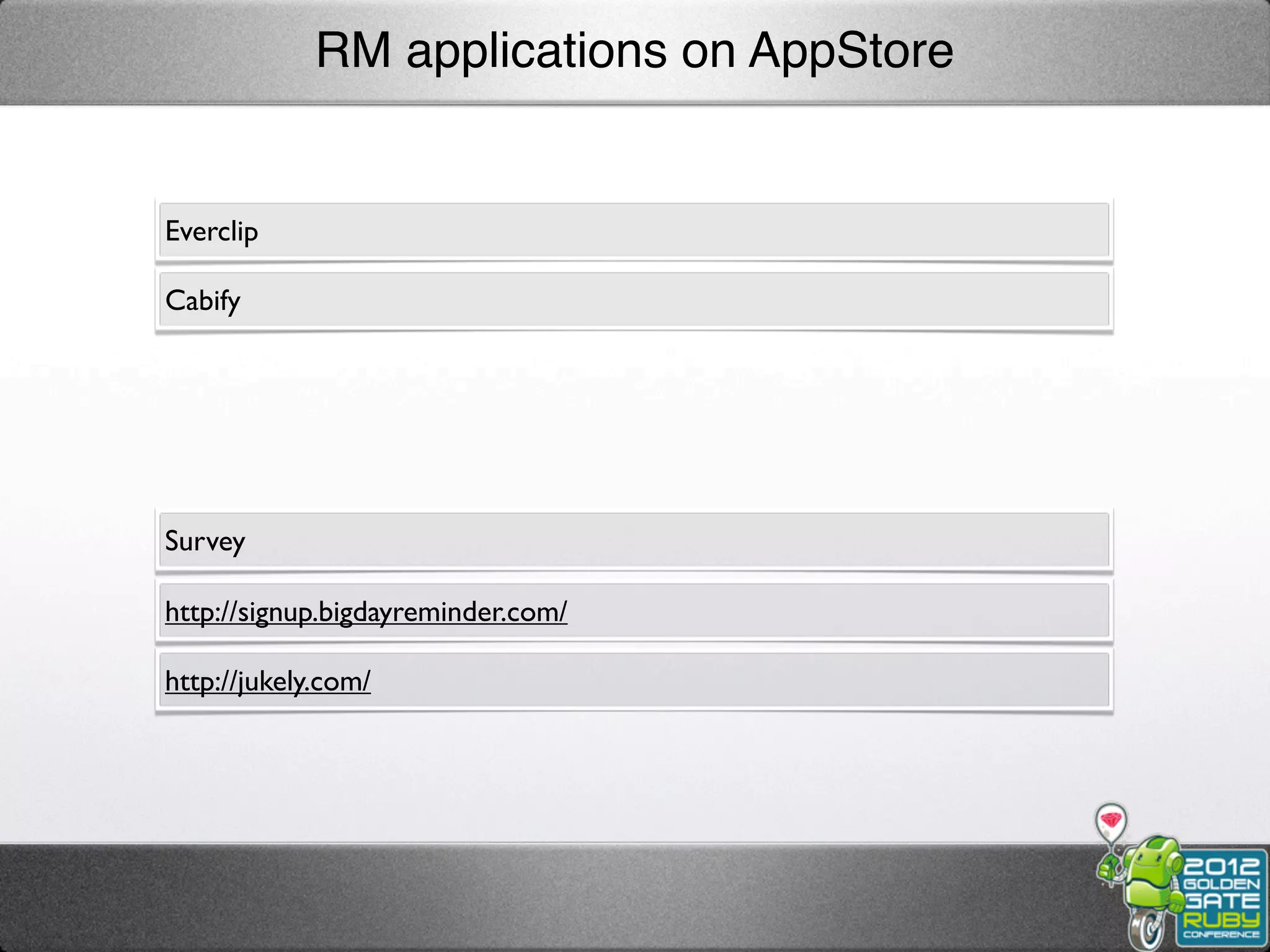 RM applications on AppStore


Everclip

Cabify




Survey

http://signup.bigdayreminder.com/

http://jukely.com/
 