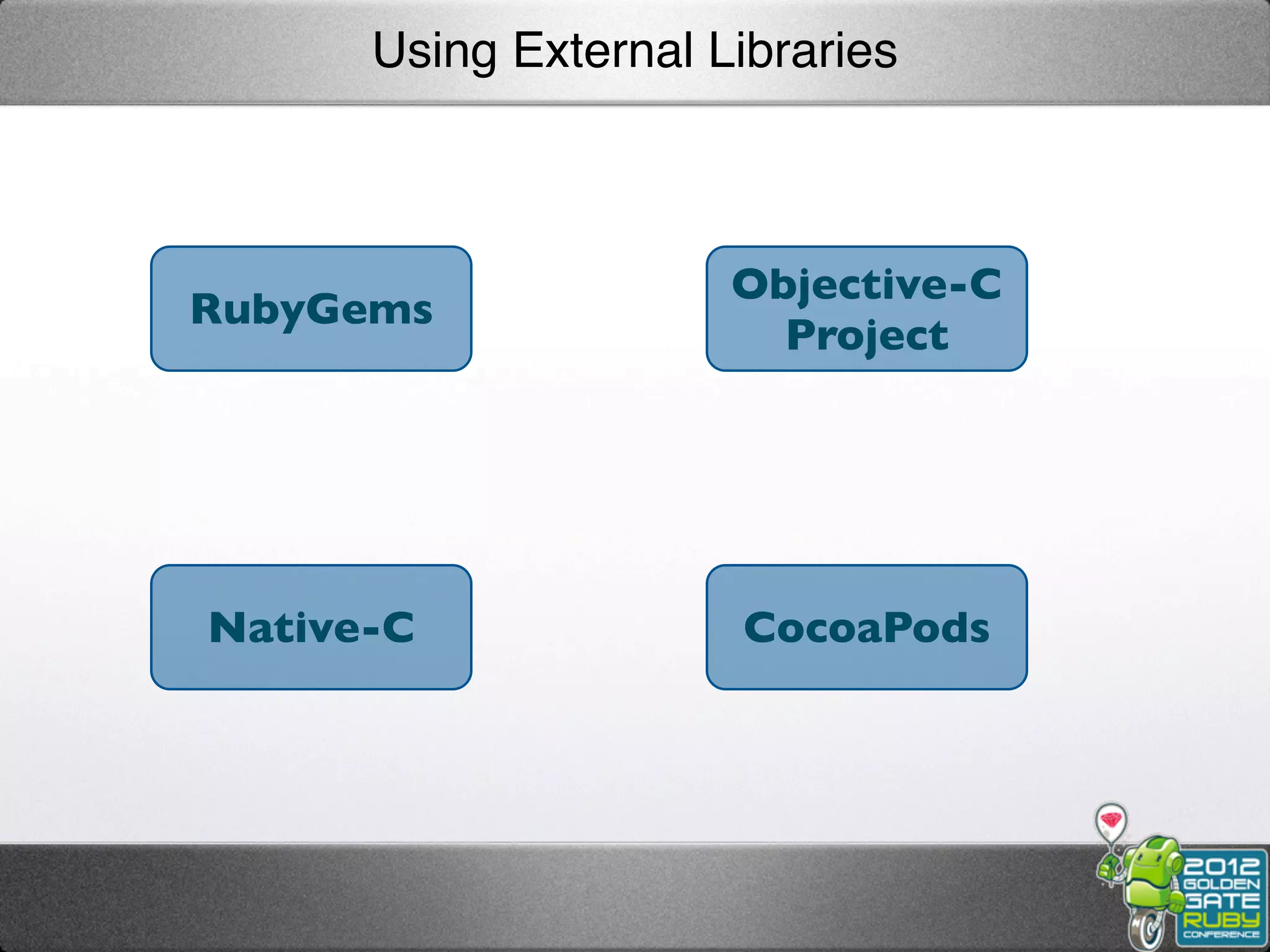 Using External Libraries



                      Objective-C
RubyGems
                        Project




Native-C              CocoaPods
 