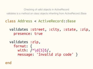 Checking of valid objects in ActiveRecord
validates is a method on class objects inheriting from ActiveRecord::Base
 