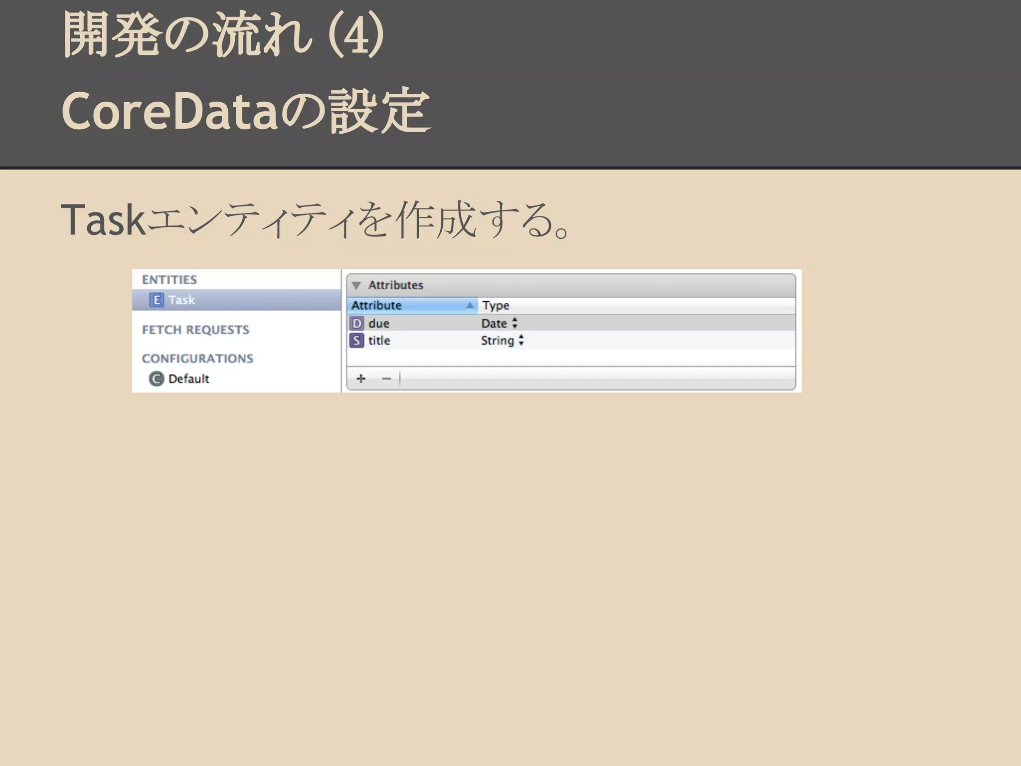 開発の流れ (4)
CoreDataの設定

Taskエンティティを作成する。
 
