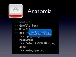 Anatomía
app/ donde vive tu app y
hacemos la división de código
 