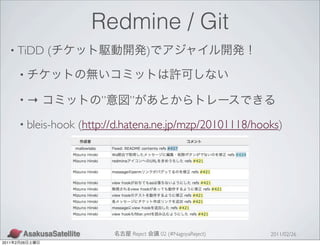 Redmine / Git
   • TiDD        (                        )
           •

           •→                 ”     ”
           • bleis-hook   (http://d.hatena.ne.jp/mzp/20101118/hooks)




                                     Reject   02 (#NagoyaReject)   2011/02/26
2011   2   26
 