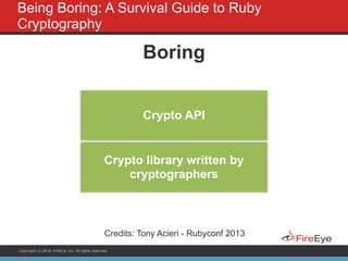 Copyright (c) 2014, FireEye, Inc. All rights reserved.
Being Boring: A Survival Guide to Ruby
Cryptography
Crypto API
Crypto library written by
cryptographers
Boring
Credits: Tony Acieri - Rubyconf 2013
 