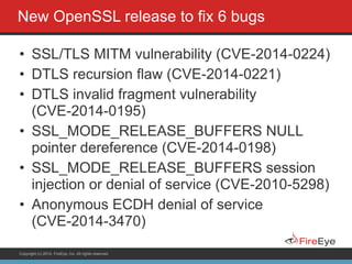 Copyright (c) 2014, FireEye, Inc. All rights reserved.
New OpenSSL release to fix 6 bugs
• SSL/TLS MITM vulnerability (CVE-2014-0224)
• DTLS recursion flaw (CVE-2014-0221)
• DTLS invalid fragment vulnerability
(CVE-2014-0195)
• SSL_MODE_RELEASE_BUFFERS NULL
pointer dereference (CVE-2014-0198)
• SSL_MODE_RELEASE_BUFFERS session
injection or denial of service (CVE-2010-5298)
• Anonymous ECDH denial of service
(CVE-2014-3470)
 