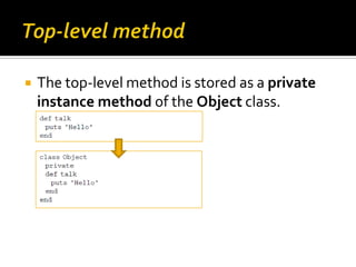    The top-level method is stored as a private
    instance method of the Object class.
 