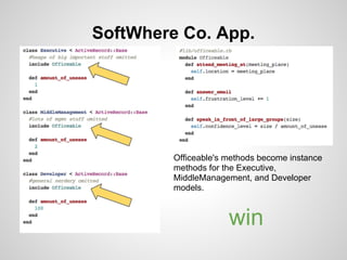 SoftWhere Co. App.
All three methods have a single,
authoritative place where they live.
That's D.R.Y.
win
 