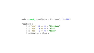fn main() {
(1..101).for_each(|n| println!("{}", fizzbuzz(n)))
}
fn fizzbuzz(n: i32) -> String {
match (n % 3, n % 5) {
(0...