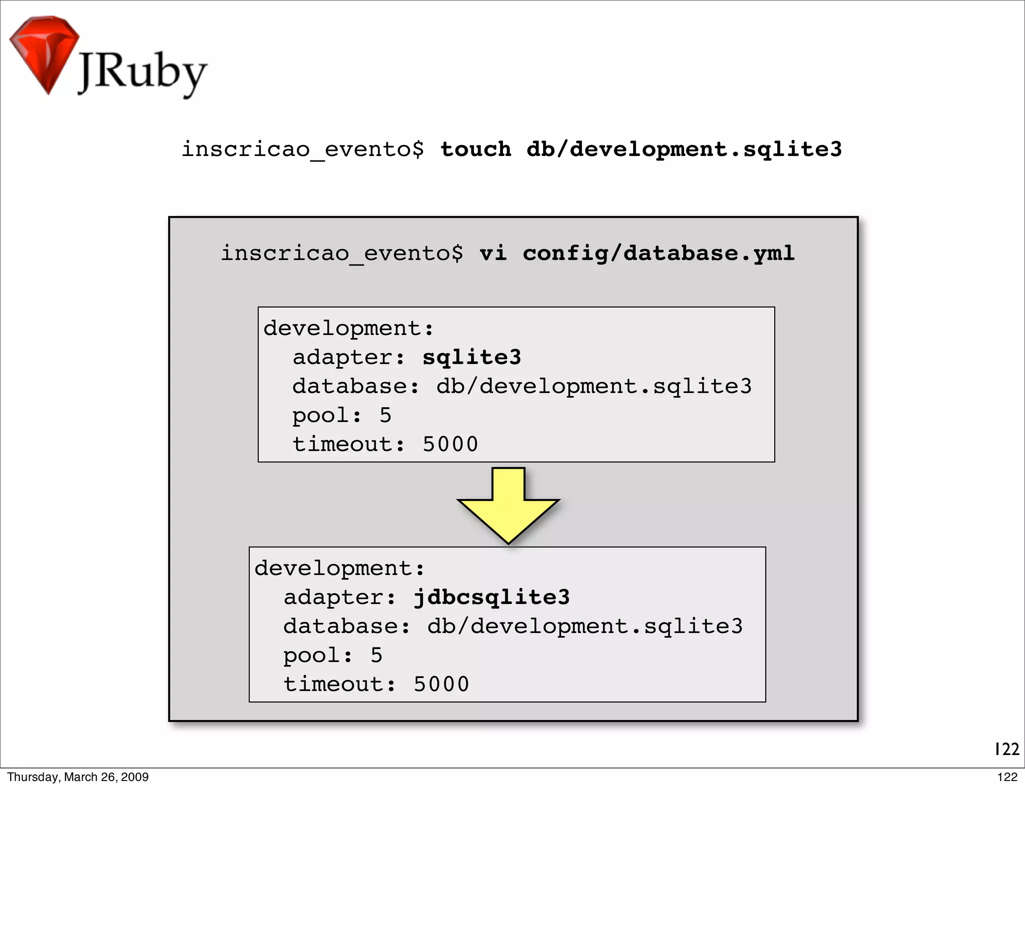 inscricao_evento$ touch db/development.sqlite3



  inscricao_evento$ vi config/database.yml


     development:
       adapter: sqlite3
       database: db/development.sqlite3
       pool: 5
       timeout: 5000




     development:
       adapter: jdbcsqlite3
       database: db/development.sqlite3
       pool: 5
       timeout: 5000

                                                 122
 