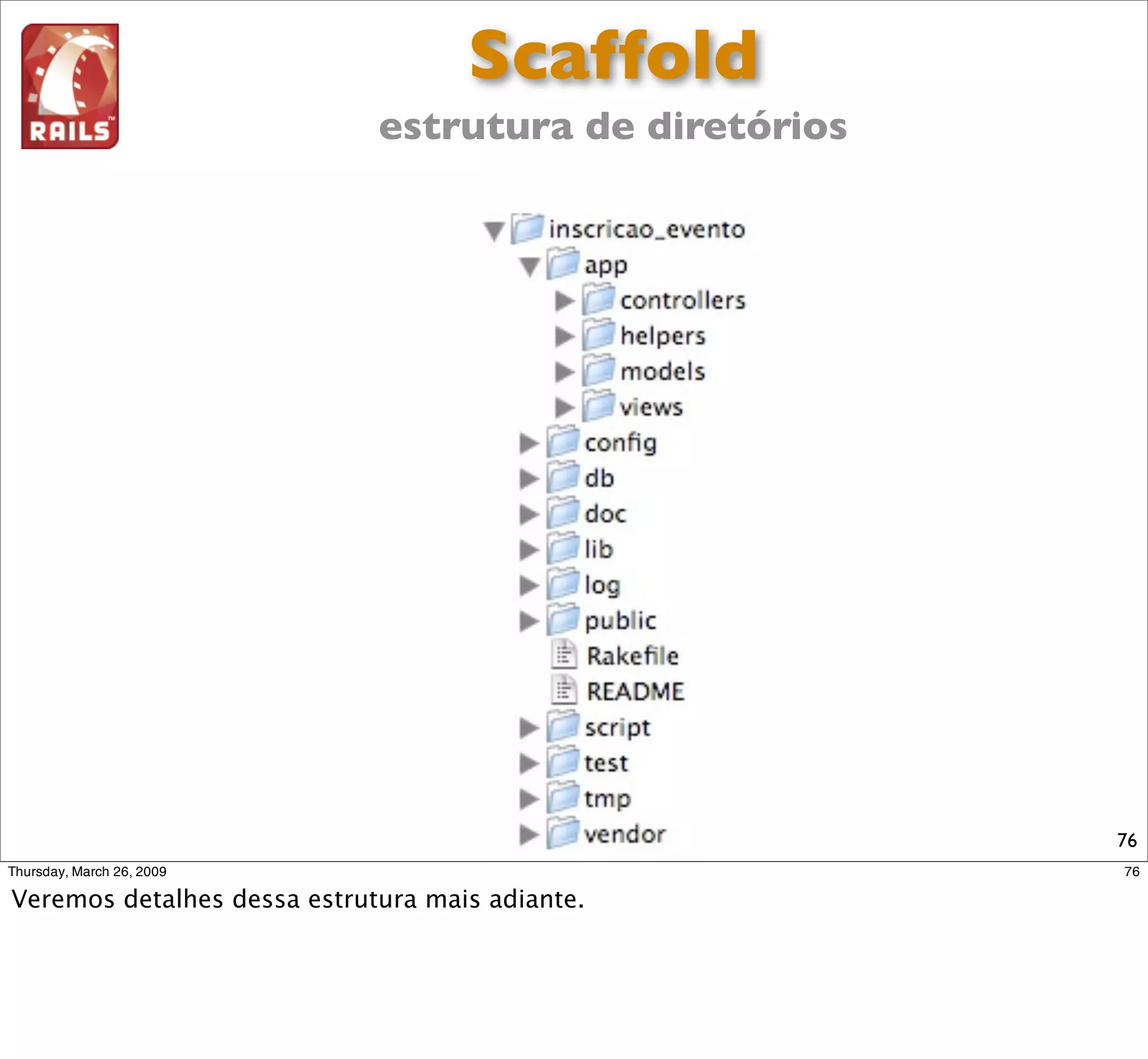 $ rake db:create:all
         (in /home/sea/alegomes/sea/mkt/inscricao_evento)

         $ rake db:migrate
         (in /home/sea/alegomes/sea/mkt/inscricao_evento)
         == CreateParticipantes: migrating
         ============================================
         -- create_table(:participantes)
            -> 0.0045s
         == CreateParticipantes: migrated (0.0050s)
         ===================================

         $



Cria estrutura do
 banco de dados
                                                            76
 