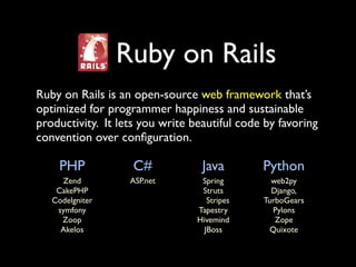Ruby on Rails
Ruby on Rails is an open-source web framework that’s
optimized for programmer happiness and sustainable
productivity. It lets you write beautiful code by favoring
convention over conﬁguration.

     PHP            C#            Java        Python
     Zend          ASP.net        Spring        web2py
    CakePHP                       Struts        Django,
   CodeIgniter                      Stripes   TurboGears
    symfony                      Tapestry       Pylons
     Zoop                        Hivemind        Zope
     Akelos                        JBoss        Quixote
 